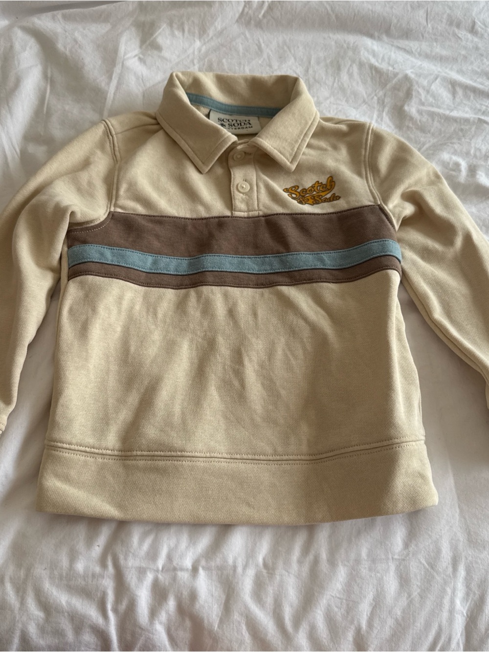 Scotch & Soda Kids Cream Polo Sweatshirt with Blue and Brown Stripes